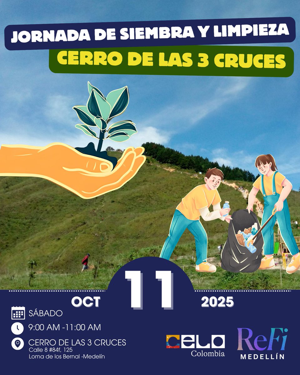 1/ 🌱 Este sábado llevamos la regeneración fuera de la pantalla, a la tierra y a los corazones de Medellín.

Únete a la Jornada de Siembra y Limpieza en el Cerro de las 3 Cruces 🌳♻️
Un encuentro para cuidar el territorio y reconectar en comunidad.
👇