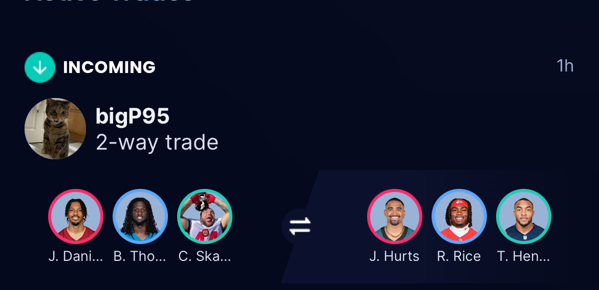 zandertech's tweet image. I never get engagement but I NEED to know if this is an accept?? For context I am 1-4 and no one ever trades in this league. #FantasyFootball