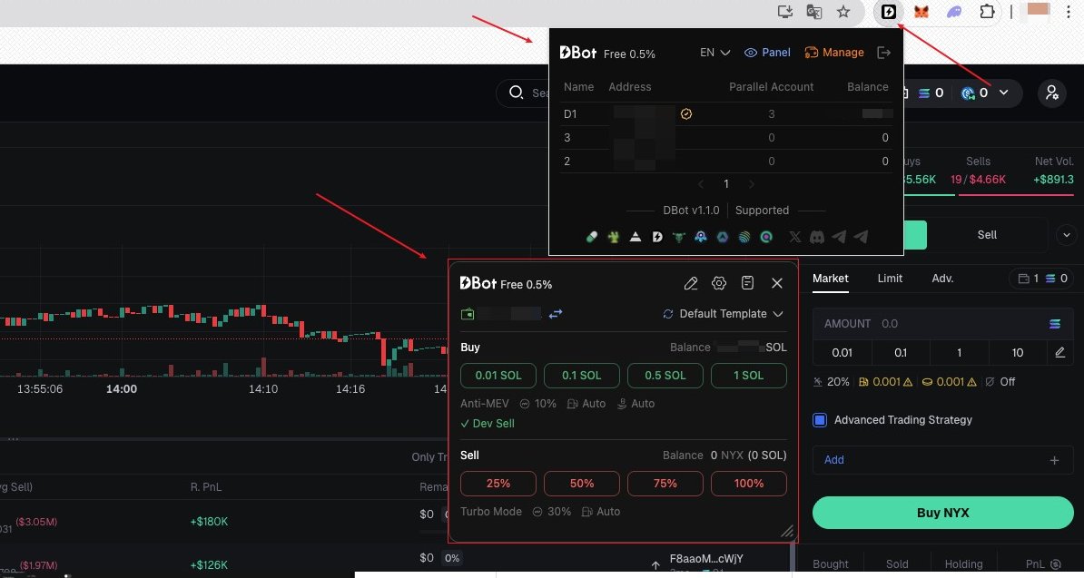 DBotWeb3's tweet image. 🚀 The DBot Chrome Extension is live!

Trade #Solana tokens directly in your browser:

• Works on K-line (chart) pages

• Supports GMGN，Axiom，Bullx，Photon，Ave，#PumpFun，Solscan &amp;amp; Jupiter
• Fast Buy/Sell with your templates (TP/SL/open-sell)

• Login via Email or…