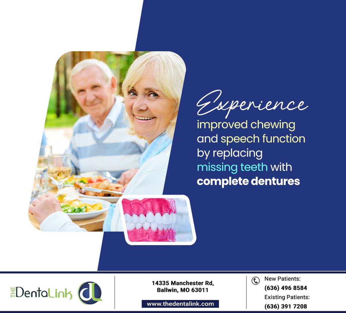 denta_link's tweet image. Missing teeth can affect how you speak and eat. Complete dentures can replace an entire arch of missing teeth for improved function. Learn more at thedentalink.com #completedentures #toothreplacement #missingteeth #thedentalink #ballwin #MO