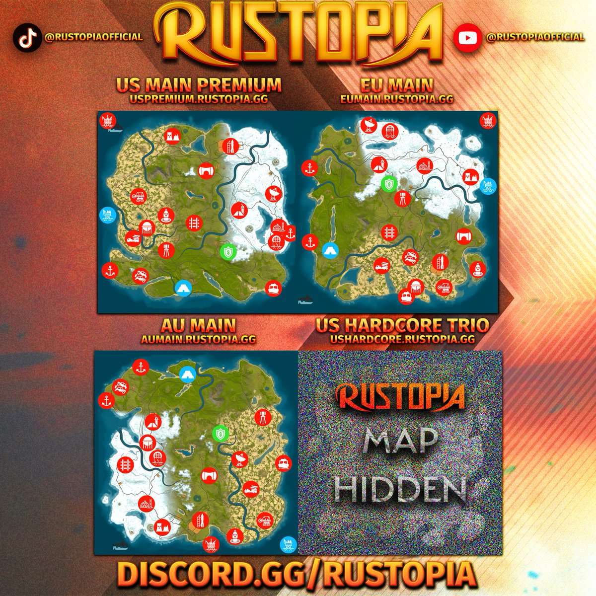 RustopiaServers's tweet image. 🚨WIPE ALERT🚨
Here are your upcoming maps for #Rust's Thursday wipe tomorrow on Rustopia:
Connect via:
USPremium.Rustopia.gg
EUMain.Rustopia.gg
AUMain.Rustopia.gg
USHardcore.Rustopia.gg
Discord.gg/Rustopia