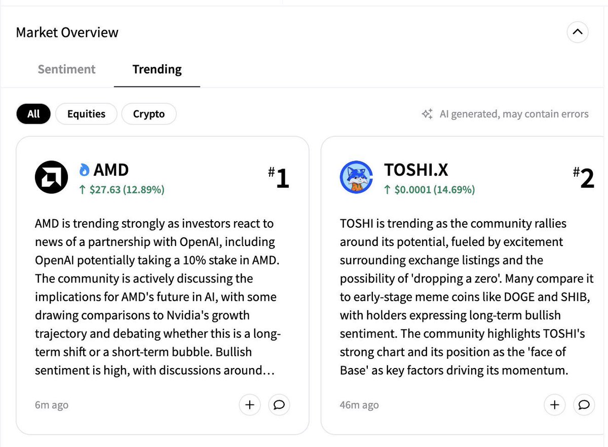 so lemme get this straight

$TOSHI KILLED a zero today AND is the #2 trending asset on <a href="/Stocktwits/">Stocktwits</a> with the likes of $AMD

I’ve never been this bullish in my life

the cat is blue

$0.10