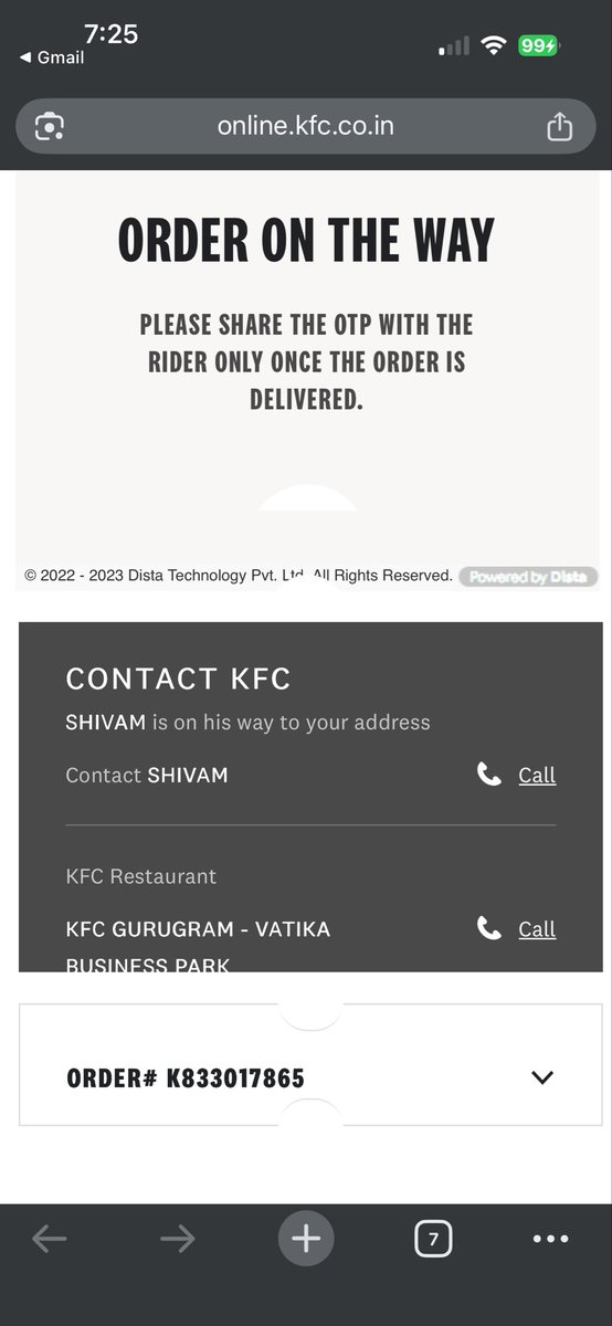 Deepgoyal456's tweet photo. Ordered from @KFC_India app at 5:55 PM (Order ID: K833017865).
It’s 7:30am now — still showing “On the way.” Delivery never happened.
Delivery agent asked me to cancel, but the app doesn’t allow it.
Payment done via UPI (Paytm).
Tried calling &amp; emailing,no response. Please refund https://t.co/48n3v8dgET