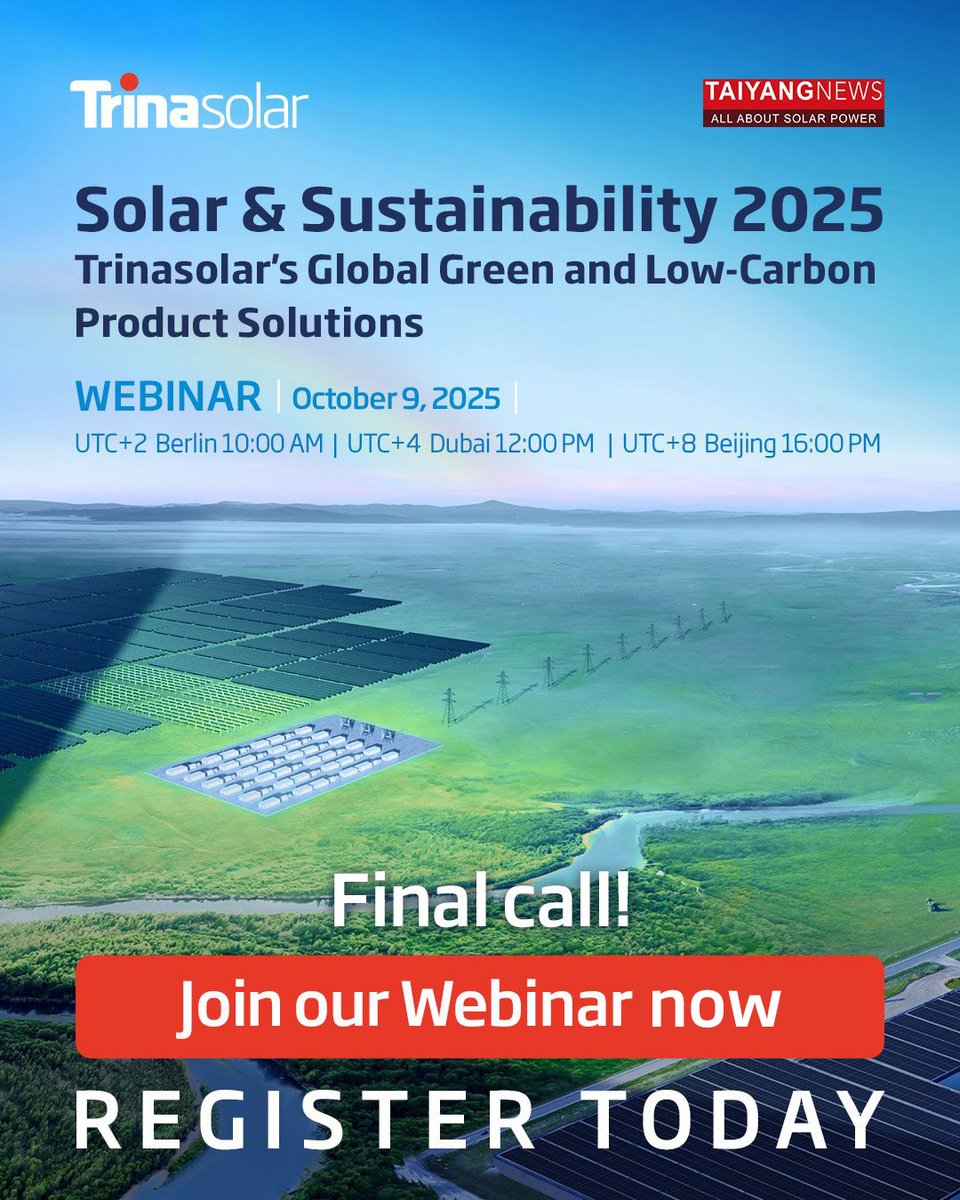 TrinaSolarUS's tweet image. Final Call — Only 2 Hours to Go! ⏰

Trinasolar is joining the @TaiyangNews Solar &amp;amp; Sustainability 2025 conference to talk about how green and low-carbon product solutions are shaping the future of solar.
 
Register now 👉 lnkd.in/eS9ikBDK
 
#Trinasolar #SolarConference