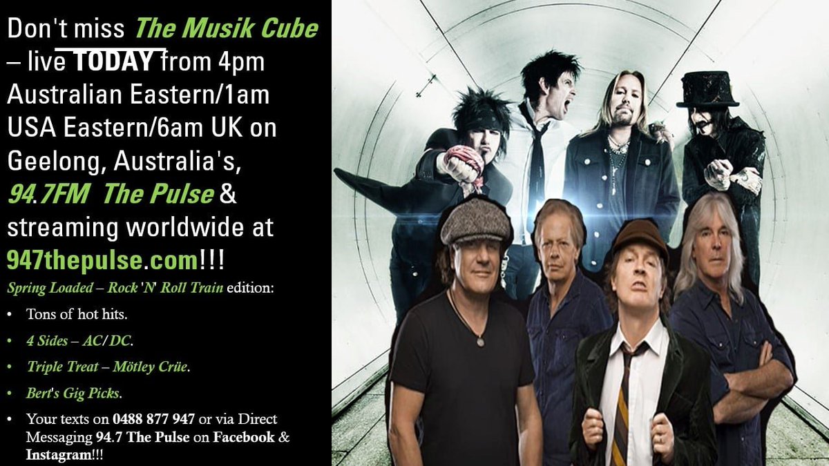 TheMusikCube's tweet photo. #TheMusikCube - live TODAY from 4pm Australian Eastern/1am USA Eastern/6am UK on @947ThePulse, https://t.co/ISBmoYDpX3 &amp; via the #CommunityRadioPlus &amp; @TuneIn apps!
#SpringLoaded - #RockNRollTrain edition.
#4Sides - @ACDC.
#TripleTreat - @MotleyCrue.
Your texts - 0488 877 947. https://t.co/nyLgyPj5nh