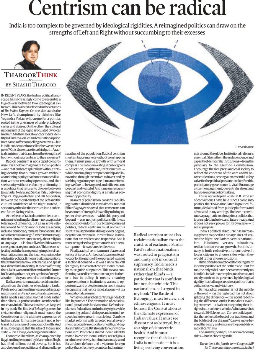 Rajmalhotrachd's tweet photo. Dr. Shashi Tharoor @ShashiTharoor writes not to please the Left or pacify the Right, but to rescue Indian political imagination from binary addiction. His eloquence makes thought tactile: each phrase balances moral idealism with institutional realism. 

The following 🧵 is a UPSC-grade crystallization of his essay “Centrism Can Be Radical”—distilled to the densest clarity possible. 🌿✨ #TharoorThink #PoliticalPhilosophy

CORE THESIS 🧭 #RadicalCentrism #UPSCReady

India’s diversity defies ideological absolutism. A reimagined centrism—neither timid neutrality nor opportunistic middle-path—can draw moral energy from both Left and Right while rejecting their excesses. 🕊️
🌿 #RadicalCentrism #EthicalGovernance #PluralDemocracy #UPSC #PSIR #GoodPolitics #DemocraticRenewal