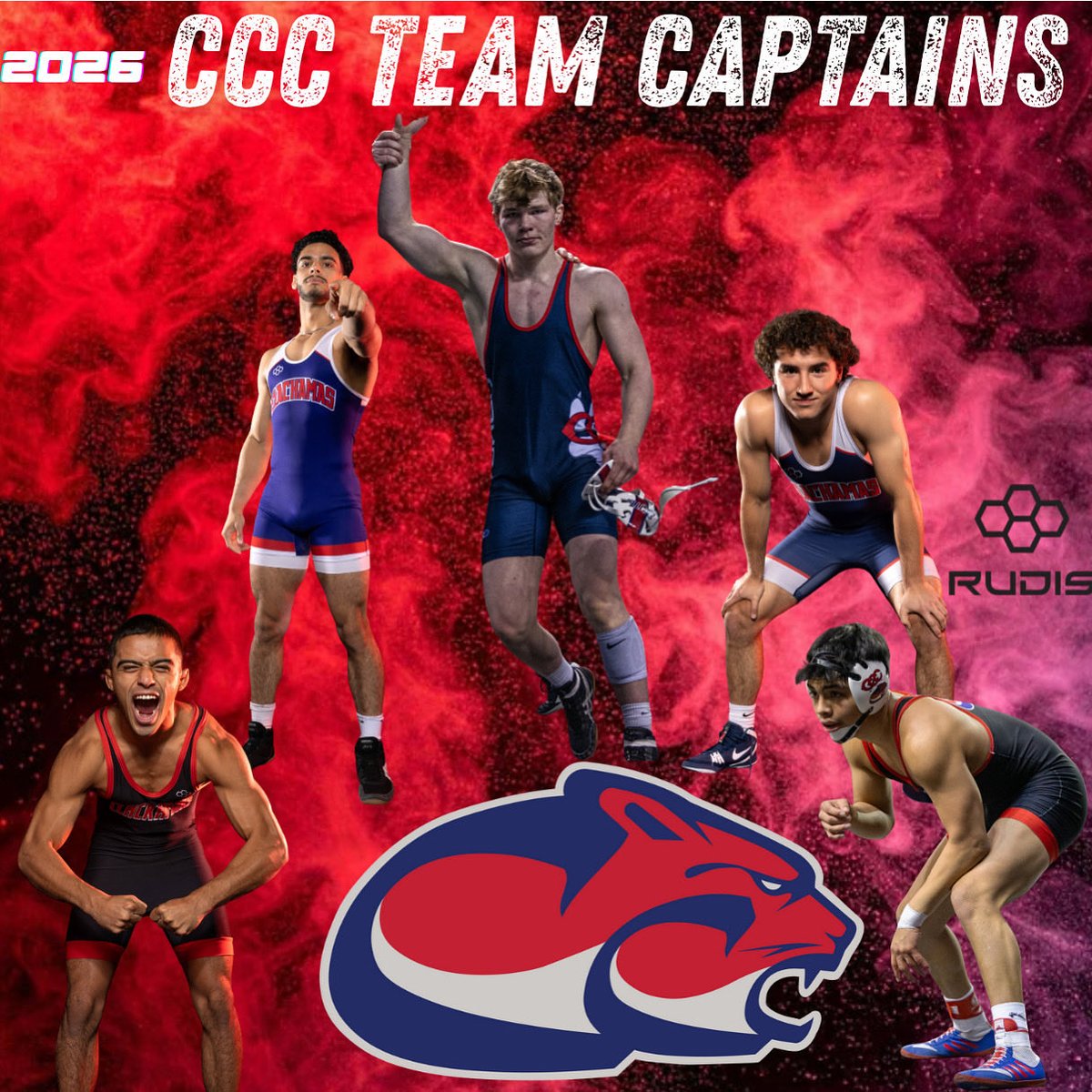 ClackBizWrestle's tweet photo. Cougar Nation, 
Your team captains for this upcoming season. Voted by their brothers. 
-Matthew Hernandez 
-Olajuwon Sobomehin 
-Henry Dillingham 
-Trae Frederick 
-Reggie Raiz
#COE #ClackU #AmericasJuco #rudis #njcaawrestling https://t.co/AU62QQ6TmP