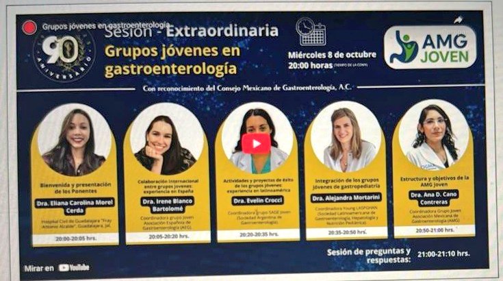 Ventajas de los grupos jóvenes en las sociedades médicas: 
1. Facilitar la investigación y publicaciones multicéntricas internacionales. 
2. Fomento a Becas formativas internacionales.
3. Participación académica y difusión en redes sociales.
#AMGJoven #GastroJovenMX
