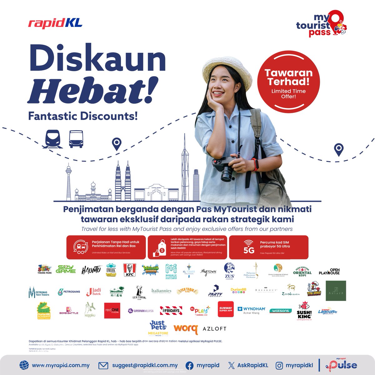 Jelajah Kuala Lumpur tak semestinya mahal! 😎✨

Dengan Pas MyTourist, nikmati perjalanan tanpa had naik tren &amp; bas Rapid KL 🚆🚌

Siap dapat diskaun hebat daripada rakan strategik kami lagi! 💥

Jom terokai KL dengan cara paling berbaloi! 💫

#MyTourist #RapidKL