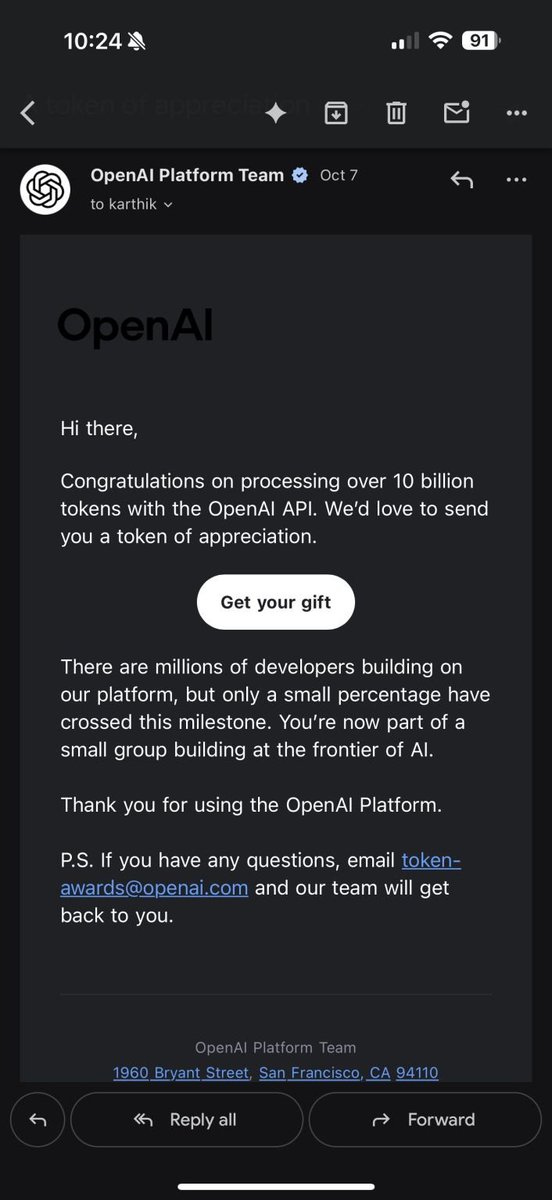 karthiksuresh's tweet image. Grateful to receive this note from OpenAI - we just crossed 10 billion tokens processed on their API. 🙏

There’s a lot of noise in AI right now - posts, predictions, and prompts everywhere but the real magic (and learning) happens when you actually build.

This milestone is a…