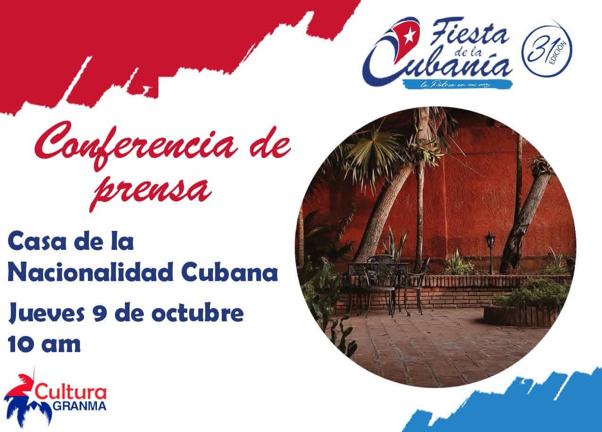 👉Listo el sistema institucional de la Cultura en Granma para la realizar mañana la conferencia de prensa de la 31 edición de la Fiesta de la Cubanía a desarrollarse del 17 al 20 de Octubre. 
#LaPatriaEnMiVoz
<a href="/JackelinePerezV/">Jacqueline Pérez</a> 
<a href="/Javierol89/">Daniel Javier Ortiz Leyva</a> 
<a href="/ahs_camaguey/">AHS CAMAGÜEY</a>