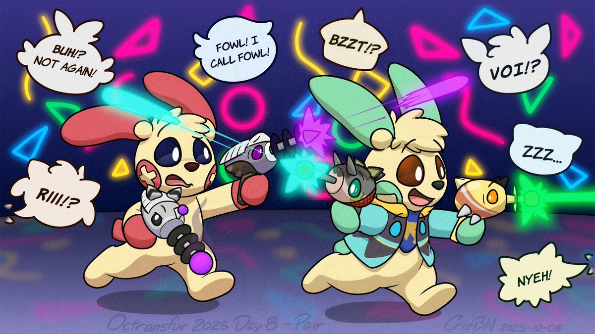 "Are you sure this is still within the rules of laser tag?"

"Sure! I'm positive! Less thumbs! More tails!"

"...wait a sec, isn't that first half supposed to be *my* line?" #TFEveryday

(#Octransfur Day 8 - Pair - another group pic of sorts, featuring double double TF ray guns~)