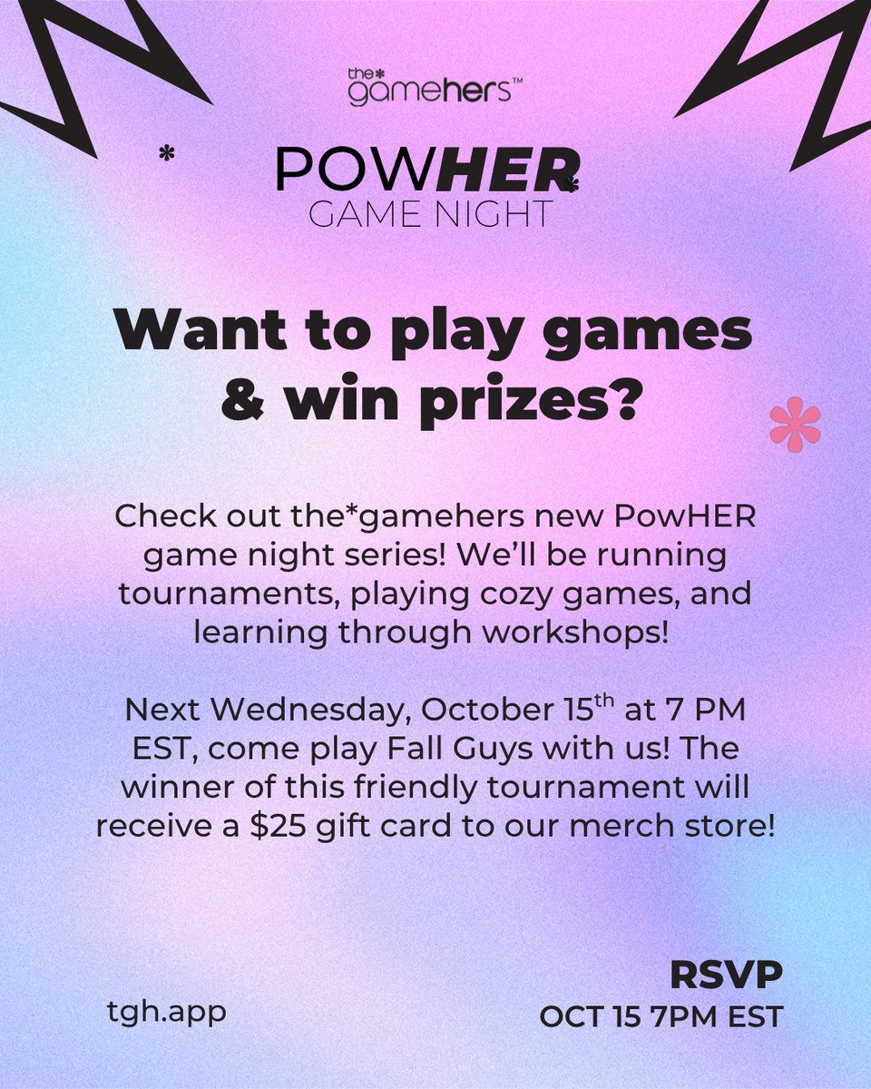 thegamehers's tweet image. Ready to fall into fun?
👑 Join our Fall Guys her*game Night on Oct 15 at 7 PM EST inside the*gamehers community!
💜 No game purchase needed
🎮 Play and connect with other women gamers
🎁 Enter to win a special prize 👀
RSVP now in the GMHRS app → tgh.app