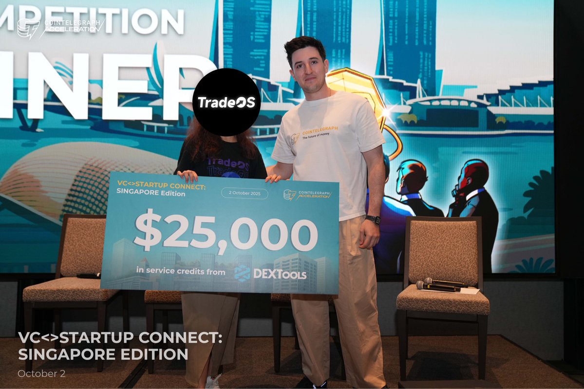 TradeOS_ai's tweet image. Shoutout to the squad - @Cointelegraph @CointelegraphAc Token2049 Startup &amp;amp; VC conference was lit, and TradeOS bagged 2nd prize in the pitch frenzy! 💥

This dub screams value for YOU: Agentic AI democratizing AI payments, letting normies and OGs alike collab, earn, and thrive in…