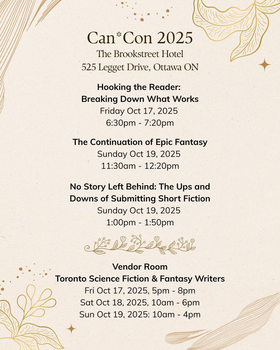 YMPangWriter's tweet image. On the weekend of Oct 17 -19, I&apos;ll be at Can*Con Ottawa. I&apos;ll be on three panels (one as moderator) and at the vendor room with the Toronto Science Fiction &amp;amp; Fantasy Writers and @tdotSpec !  

#CanCon #fantasybooks #sciencefictionbooks #writingcommunity #CanadianWriters
