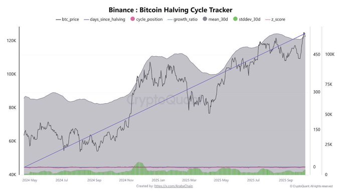 Line chart titled Binance Bitcoin Halving Cycle Tracker displays Bitcoin price in blue line rising from 2016 to 2024, days holding in gray area below, cycle position in pink line, growth in orange line, and mean Z-Score in purple dashed line. X-axis shows timeline from 2016 to 2024 with months marked, Y-axis scales from 0 to 120K for price and related metrics. Footer notes created with TradingView and copyright CryptoQuant.