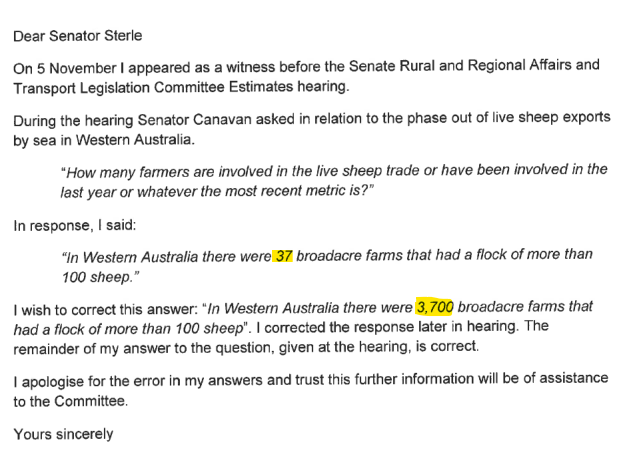 A while a go there were a bunch of activist tweets that only 37 farms in WA were engaged in the Live Export of Sheep.

I could not work out where this came from, until today.

A DAFF official misspoke. They were only off by a factor of 100.