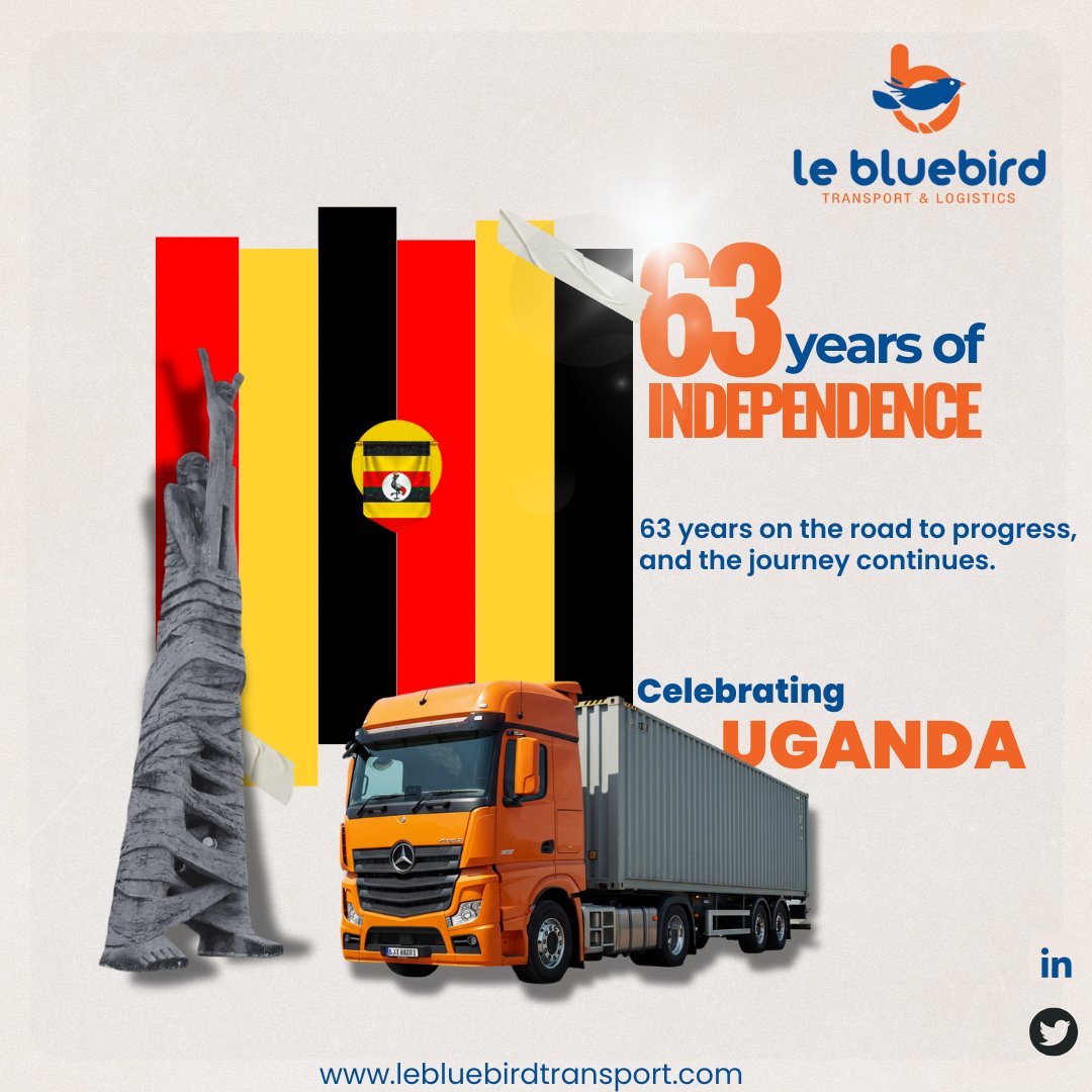 Here at <a href="/LeBluebirdTL/">Lé Bluebird Transport & Logistics LTD</a>, we are celebrating Uganda’s 63 years of independence and resilience. We are committed to bridging communities, businesses and markets across Uganda and beyond.
Happy Independence Day.
#UgandaAt63 #IndependenceDay #Logistics #Transportation