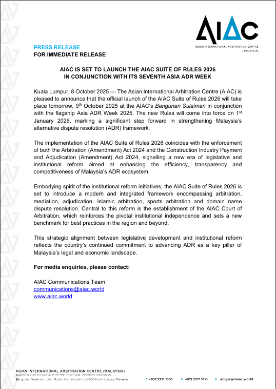 scconline_'s tweet photo. The AIAC is proud to launch the AIAC Suite of Rules 2026 today at Bangunan Sulaiman, in conjunction with the 7th Asia ADR Week! A new era in arbitration, mediation, and dispute resolution begins.
#AIAC2026 #AsiaADRWeek #DisputeResolution #Arbitration #ADR #InstitutionalReform https://t.co/W5diamx5vE