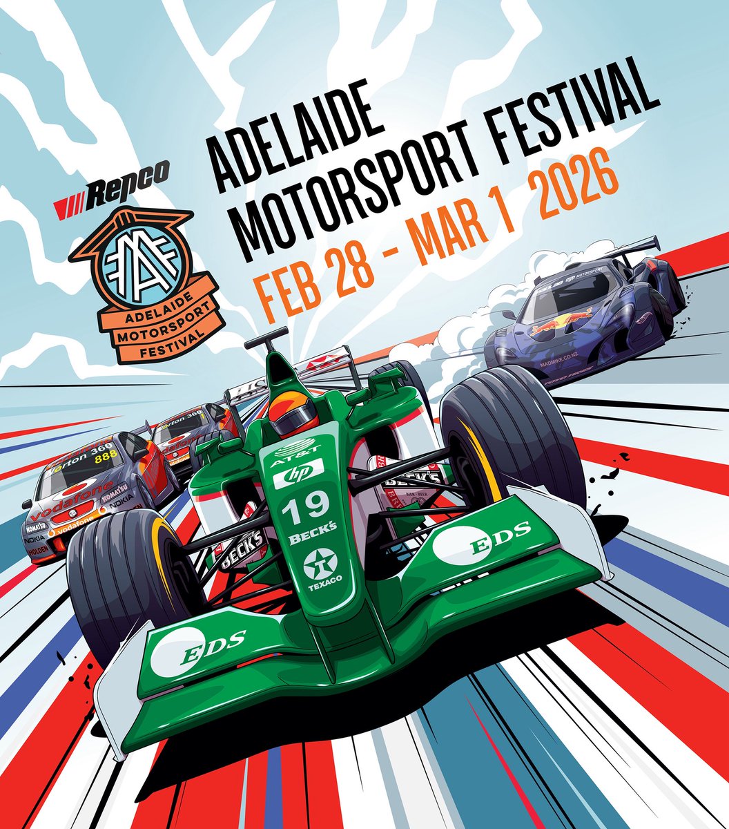 Introducing the poster for the 2026 Repco Adelaide Motorsport Festival - the Jaguar R2, Mad Mike's MADMAC and Triple Eight Holden VE Commodores featured and just a taste of what's coming to the event on February 28 and March 1. #AMF #F1 #Adelaide #MadMike #MADMAC #RepcoSC