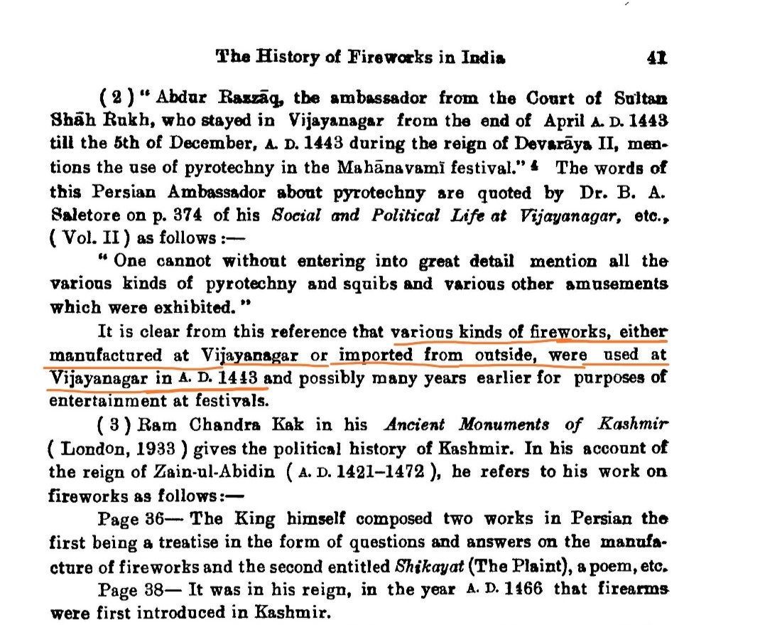 MisraNityanand's tweet image. You are wrong. In his scholarly article The History of Fireworks in India, P K Gode writes that the first recorded use of fireworks in India was in 1443 AD at Vijayanagar during the Mahānavamī festival. Gode adds that fireworks were probably used many years earlier also.

1/2