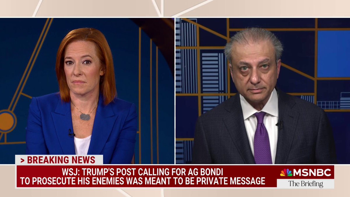 "Not the only one." Reacting to WSJ reporting that the now-deleted Donald Trump post demanding AG Pam Bondi prosecute his political enemies was meant as a direct message, Preet Bharara bets there are more such messages. bsky.app/profile/briefi…