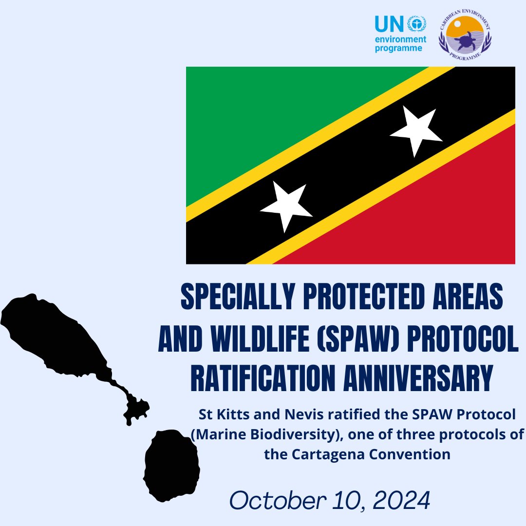 UNEP_CEP's tweet image. 1 year ago, St. Kitts and Nevis joined the Cartagena Convention family by ratifying the SPAW &amp;amp; LBS Protocols! 🌿🌊
The newest Party continues to protect marine life &amp;amp; reduce pollution across the Wider Caribbean. 💙
#StKittsAndNevis #SPAW #LBS #Caribbean #UNEP