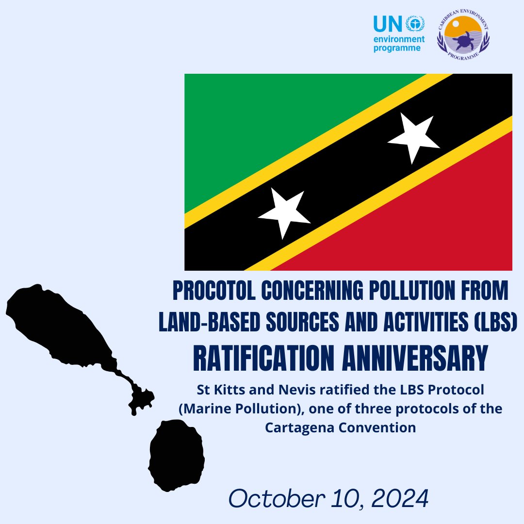 UNEP_CEP's tweet image. 1 year ago, St. Kitts and Nevis joined the Cartagena Convention family by ratifying the SPAW &amp;amp; LBS Protocols! 🌿🌊
The newest Party continues to protect marine life &amp;amp; reduce pollution across the Wider Caribbean. 💙
#StKittsAndNevis #SPAW #LBS #Caribbean #UNEP