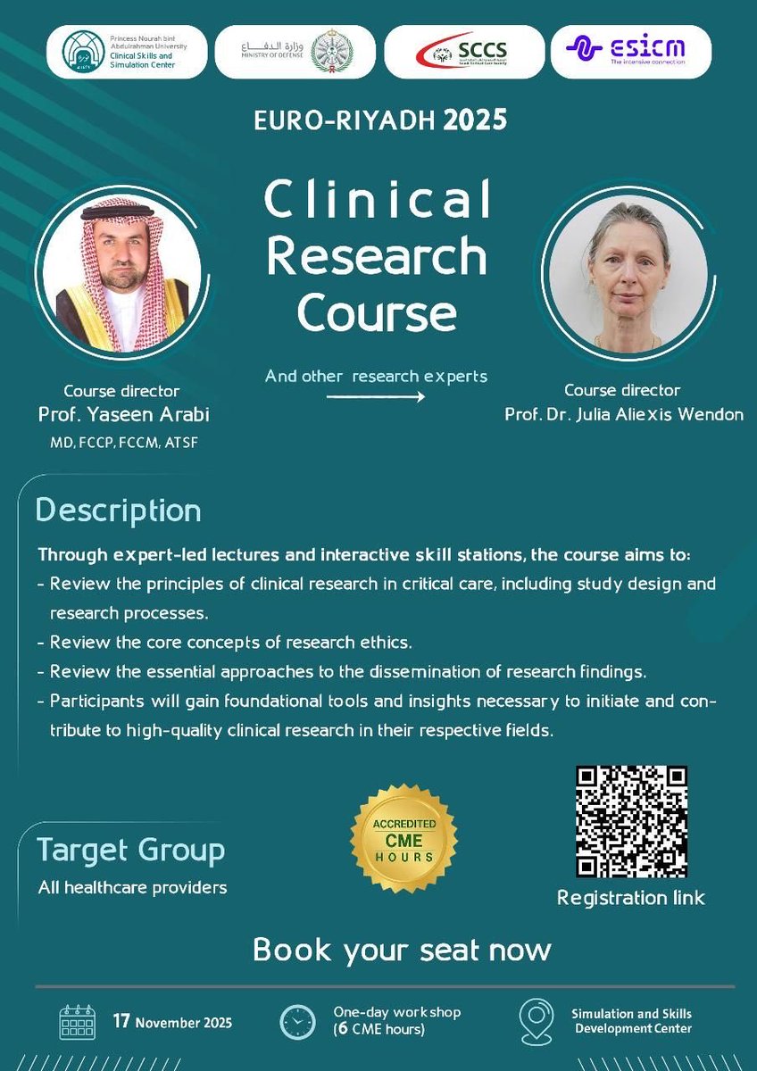 🎓 Clinical Research Course – EURO-RIYADH 2025
📅 17 November 2025 
Join world-leading experts Prof. Yaseen Arabi and Prof. Julia Wendon for a one-day, high-impact workshop ✅

📍

ssdcweb.kaauh.edu.sa/course/147/Cli…