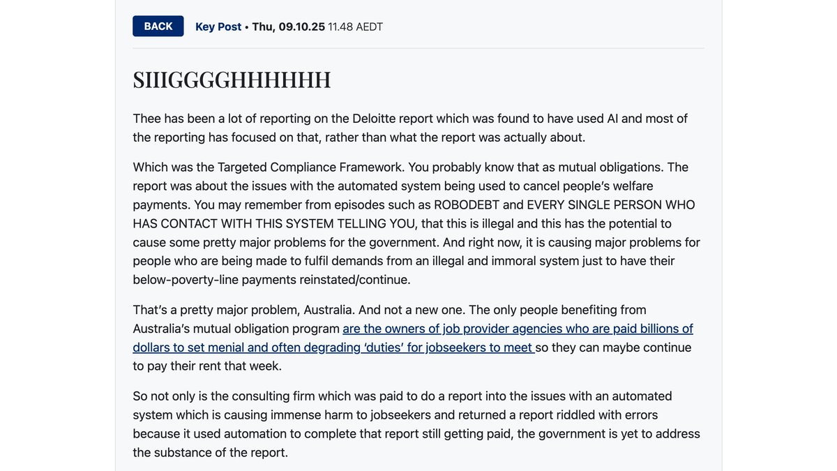 antipovertycent's tweet image. Thanks @AmyRemeikis for being the only person in media to remember what the Deloitte report that used AI is about – that they couldn&apos;t provide the government with anything to say their system of welfare punishment is operating lawfully.

Payment suspensions must stop.