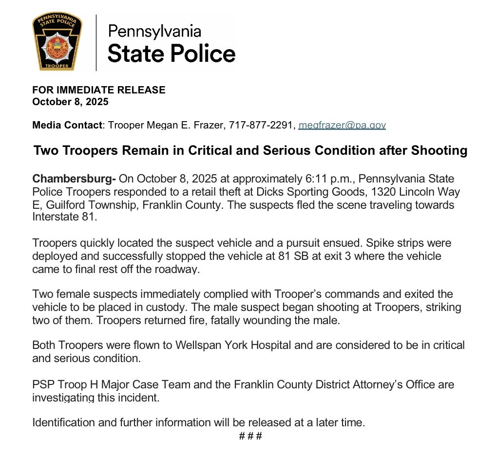 Updated release. Please keep the Troopers in your thoughts and prayers.