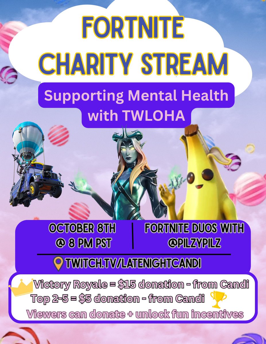 Going live for something special tonight 💙
I’m part of the Mental Illness Awareness Week Raid Train raising money for <a href="/TWLOHA/">TWLOHA</a> 🌙
Fortnite duos with <a href="/PilzyPilz_/">PilzyPilz</a> let’s play, laugh, and spread love 🫶
twitch.tv/latenightcandi