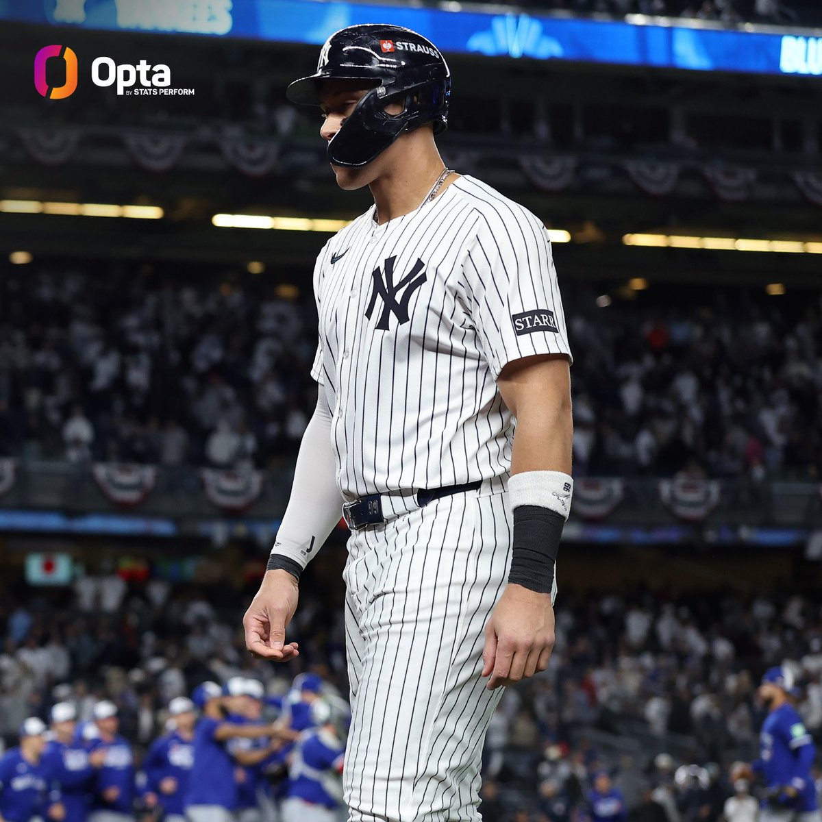 OptaSTATS's tweet image. Aaron Judge is the second player in MLB history to bat .600 or better in a postseason series while having multiple hits in every game (min. 4 games).

The other was Babe Ruth in the 1928 World Series.