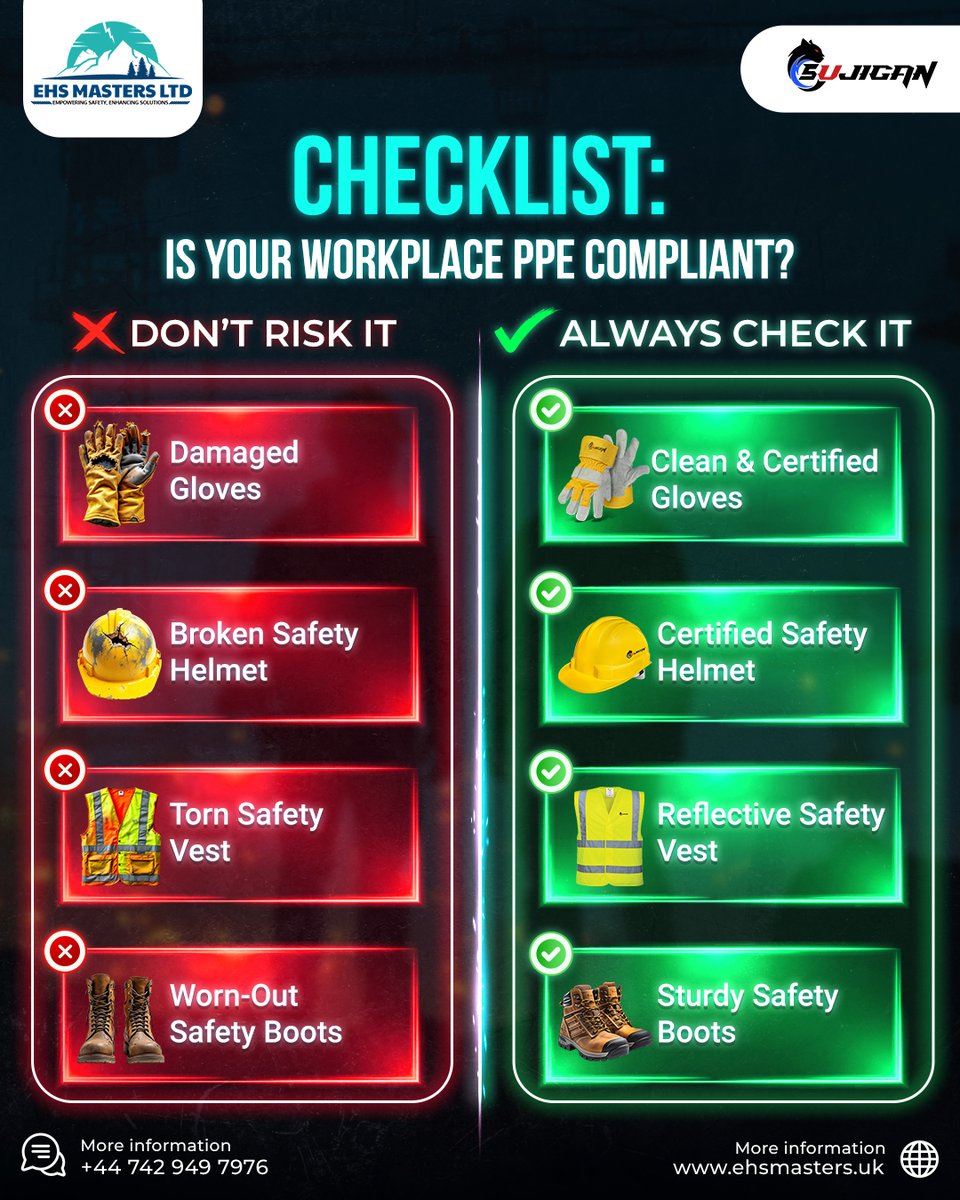 EhsMasters's tweet image. Certified. Compliant. Covered. ✅
Your safety starts with the gear you wear. 🛡️
#ehs #PPE #london #ehsmasters #EHSMastersLtd #PPEKit #law #EmergencyReady #SafetyFirst #EHS #londonsafety #labelyourppe #worksafety #safetylaw #riskmanagement #WorkplaceCompliance #industrialsafety