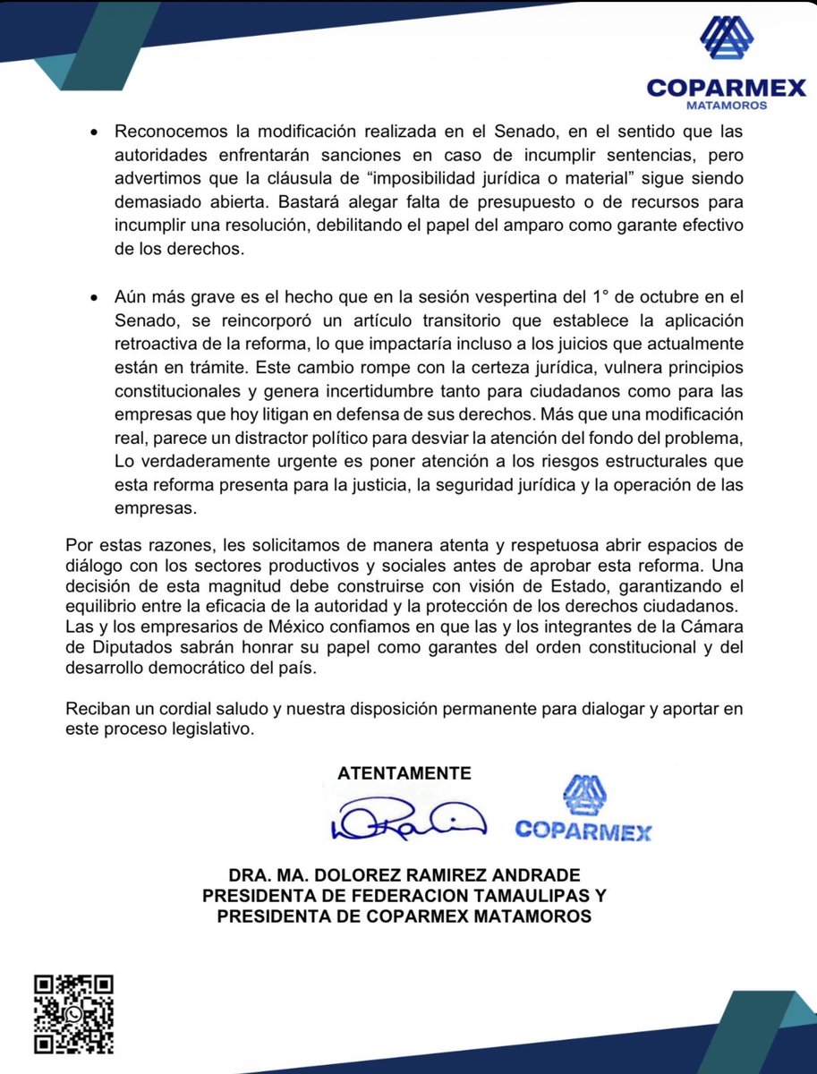 🔵Diputada <a href="/olgajulianaeg/">Olga Juliana Elizondo Guerra</a> 
Desde #Coparmex hacemos un llamado a no aprobar la reforma a la #LeyDeAmparo en sus términos, especialmente por el artículo transitorio que permitiría la retroactividad. No podemos dejar indefensos a ciudadanos y empresas ante arbitrariedades.