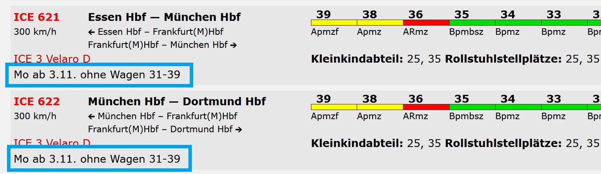 Aktuell #Fahrplan2025

Der November ist traditionell Saure-Gurken-Zeit - Nachfrage etwas geringer. Daher wird bei einzelnen ICE 3-Zügen an Mo bzw Di auf zweiten Zugteil verzichtet.

Reihungen sind angepasst:

grahnert.de/fernbahn/reihu…
