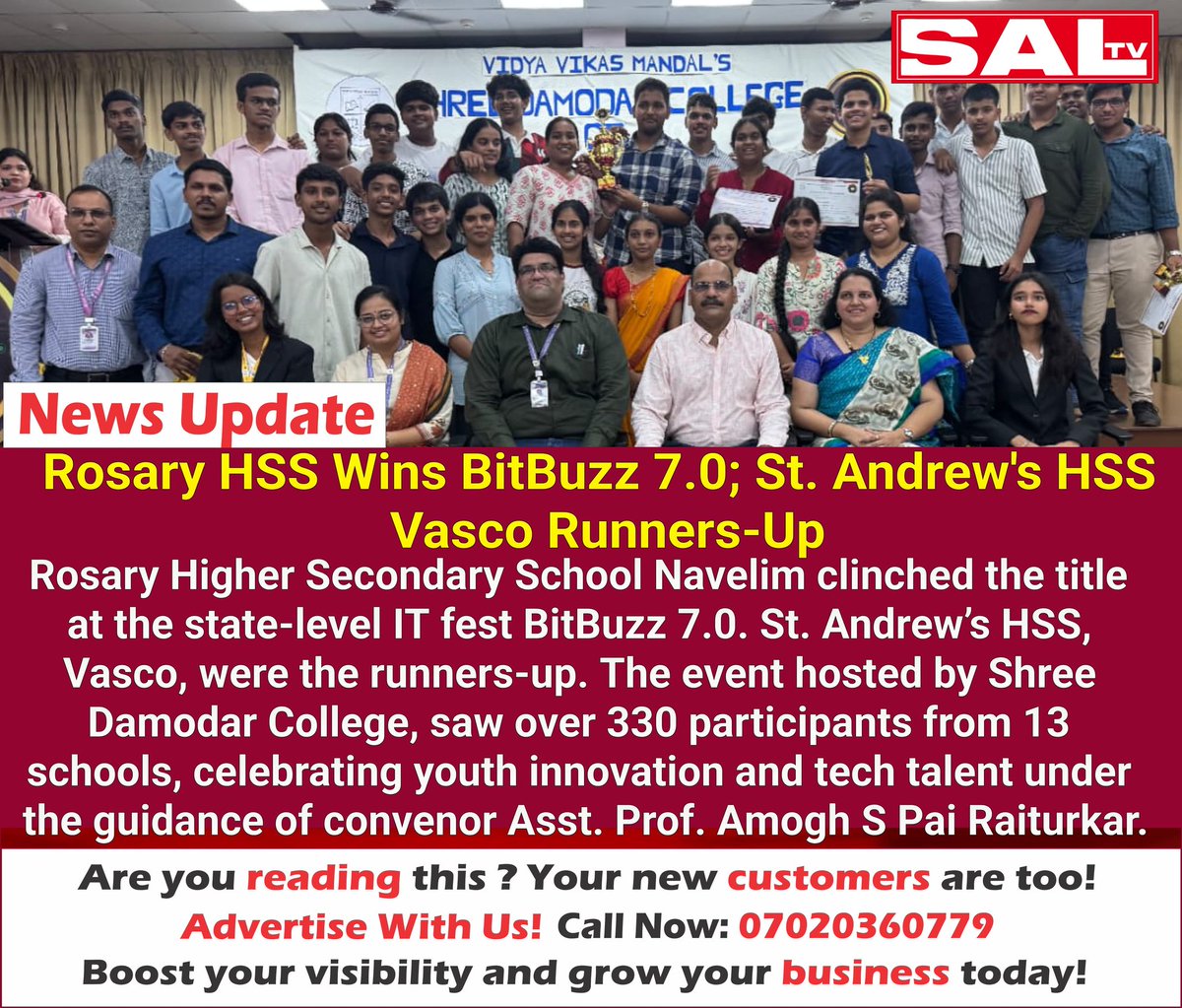 SaLtvgoa's tweet image. Rosary HSS Wins BitBuzz 7.0; St. Andrew&apos;s HSS Vasco Runners-Up
🔴Get the latest headlines, updates, and live streams—follow SAL TV now!
#BitBuzz7 #GoaTechFest #RosaryHSS
#StAndrewsHSS #ShreeDamodarCollege #YouthInTech #southgoa #goanews