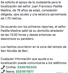NTRGuadalajara's tweet photo. #ServicioSocial |  Familiares del señor Juan Francisco Padilla Medina, de 76 años de edad, piden ayuda para su localización. Se le vio por últimas vez en la zona del templo de San Nicolás de Bari. https://t.co/gdJdNsHJ3m