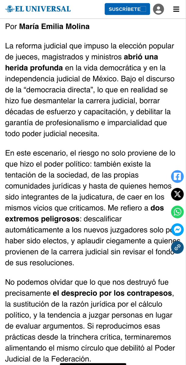 ErnestoGuerra_'s tweet image. El riesgo de repetir lo que nos destruyó de María Emilia Molina

“Me refiero a dos extremos peligrosos: descalificar
automáticamente a los nuevos juzgadores solo por haber sido electos, y aplaudir ciegamente a quienes provienen de la carrera judicial sin revisar el fondo de sus…