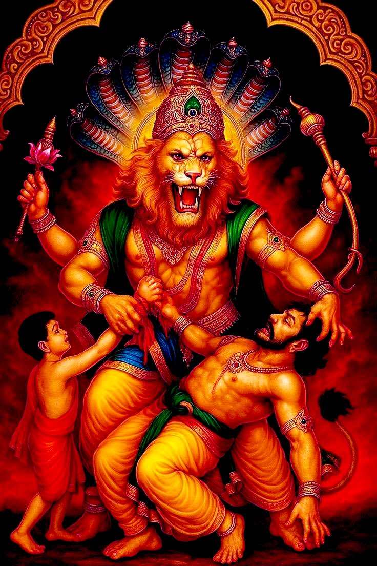 Sumita327's tweet image. Bhagwan Narasimha - When Dharma Roars - Half-man, half-lion — why this fierce form…? 
Why not a calm Vishnu, a peaceful protector as always…? 🔥

Because sometimes… Dharma must roar.
When Truth is cornered, compassion wears claws….! 🚩

Read this 2-minute thread…..! 👇
it…