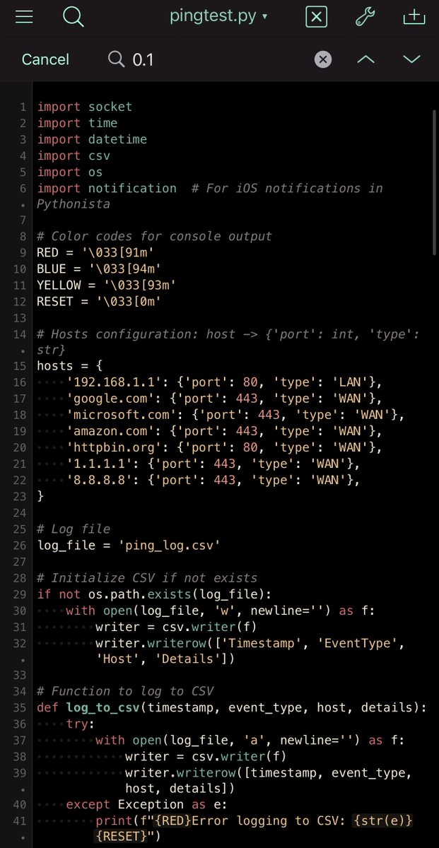 Barnacules's tweet image. I love Pythonista on iOS! It allows you to write and execute Python scripts natively. Pair this with a good coding LLM and you can vibe code some useful stuff sitting on the toilet. Like this network WAN/LAN tester that plays a sound and pops iOS notification on outage. 🍿