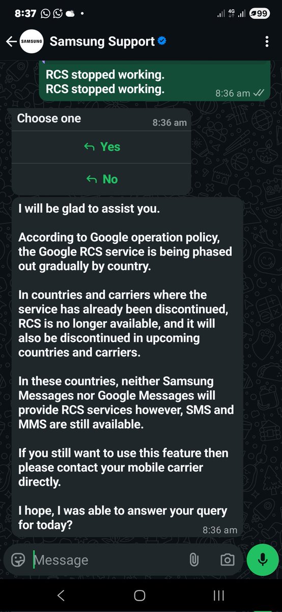 Is this a joke or an AI Chatbot blunder?  <a href="/Google/">Google</a> <a href="/SamsungMobile/">Samsung Mobile</a> <a href="/Samsung/">Samsung Electronics</a>. RCS  not working in Samsung Messages on my New S25 Ultra Running One UI 8 in India. Worked on my old S22+. <a href="/VodafoneIdeaIN/">Vodafone Idea</a>  as carrier. <a href="/SamsungIndia/">Samsung India</a> Support Chatbot tells me RCS is being phased out.