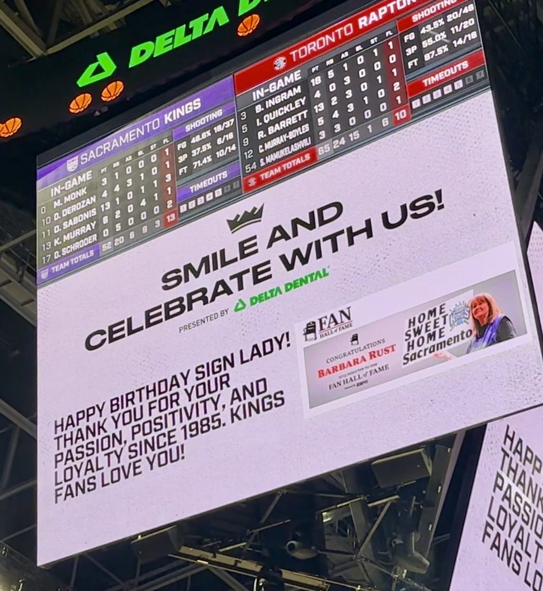Kings_6thMan's tweet photo. Happy Birthday to the @SacramentoKings Sign Lady! 💜👑🏀 No other place she’d rather be on her birthday.
#LoveForSignLady https://t.co/VcNgr7Jsdi