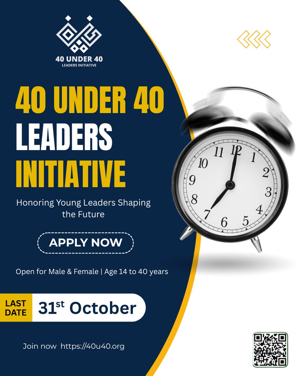 40u40_Leaders's tweet image. Be the change you want to see in the world! 

#40u40 is your chance to step into that purpose and uplift your community and nation with your ideas, energy, and voice.

🗓 Hurry Up! Apply by 31st October
🔗 Scan the QR code
APPLICATION LINK IN BIO!

 #MakeAChange #Changemakers
