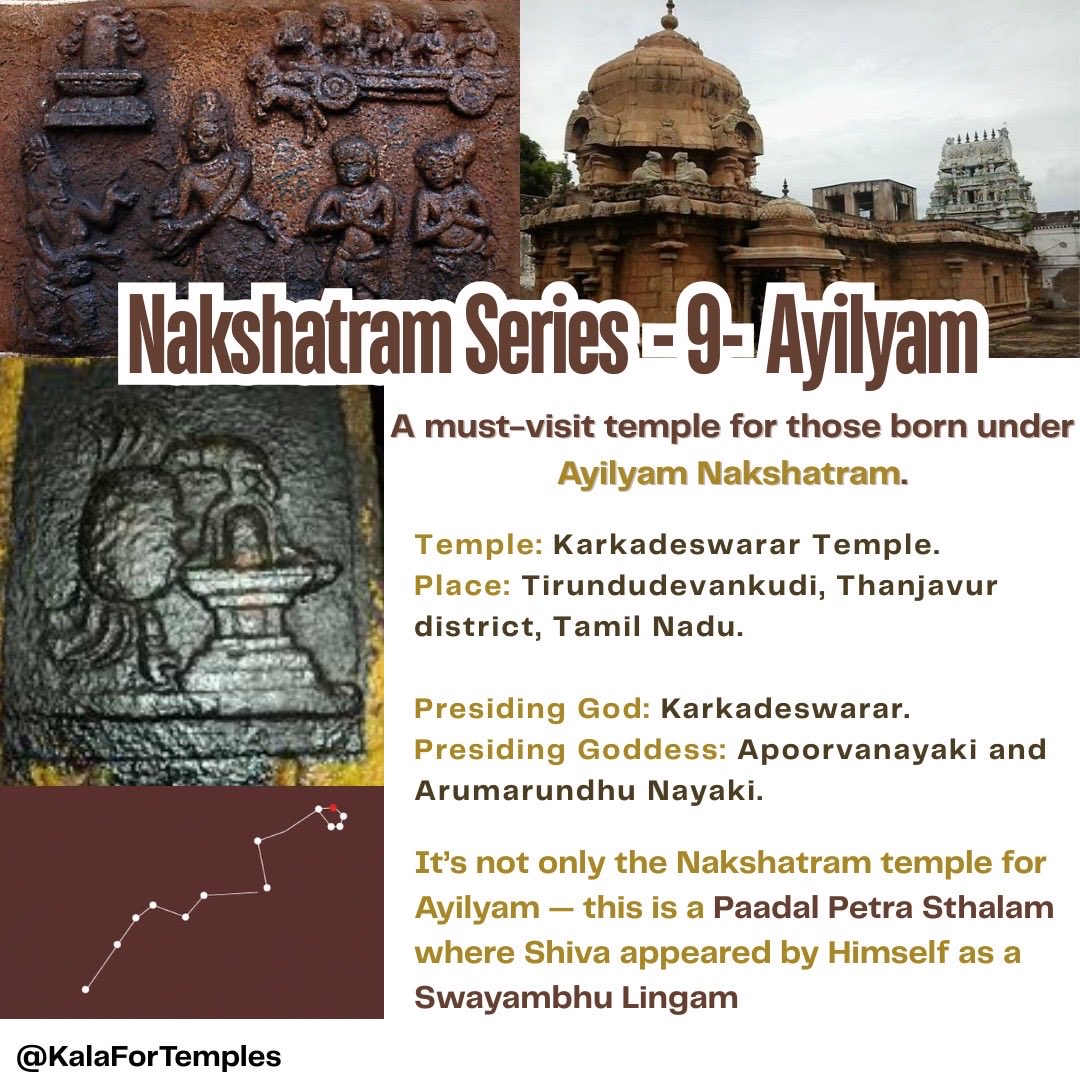KalaForTemples's tweet image. Nakshatram Series - 9 - Ayilyam 

Welcome to Tirundudevankudi, where Lord Shiva manifests as Sri Karkadeswarar, a Swayambhu Lingam and it’s a Paadal Petra Sthalam.

Legend says sage Durvasa cursed a gandharva to be born as a crab. Feeling pity, Durvasa told him he could regain…