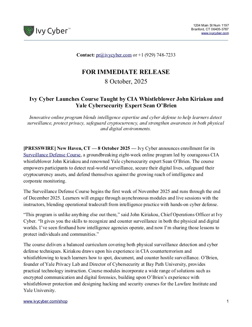 ivycybered's tweet photo. 📢 FOR IMMEDIATE RELEASE - Ivy Cyber Launches Course Taught by CIA Whistleblower @JohnKiriakou and Yale #Cybersecurity Expert @profdiggity 👇

https://t.co/fTmu0WFmxX https://t.co/4ySC0Zj014