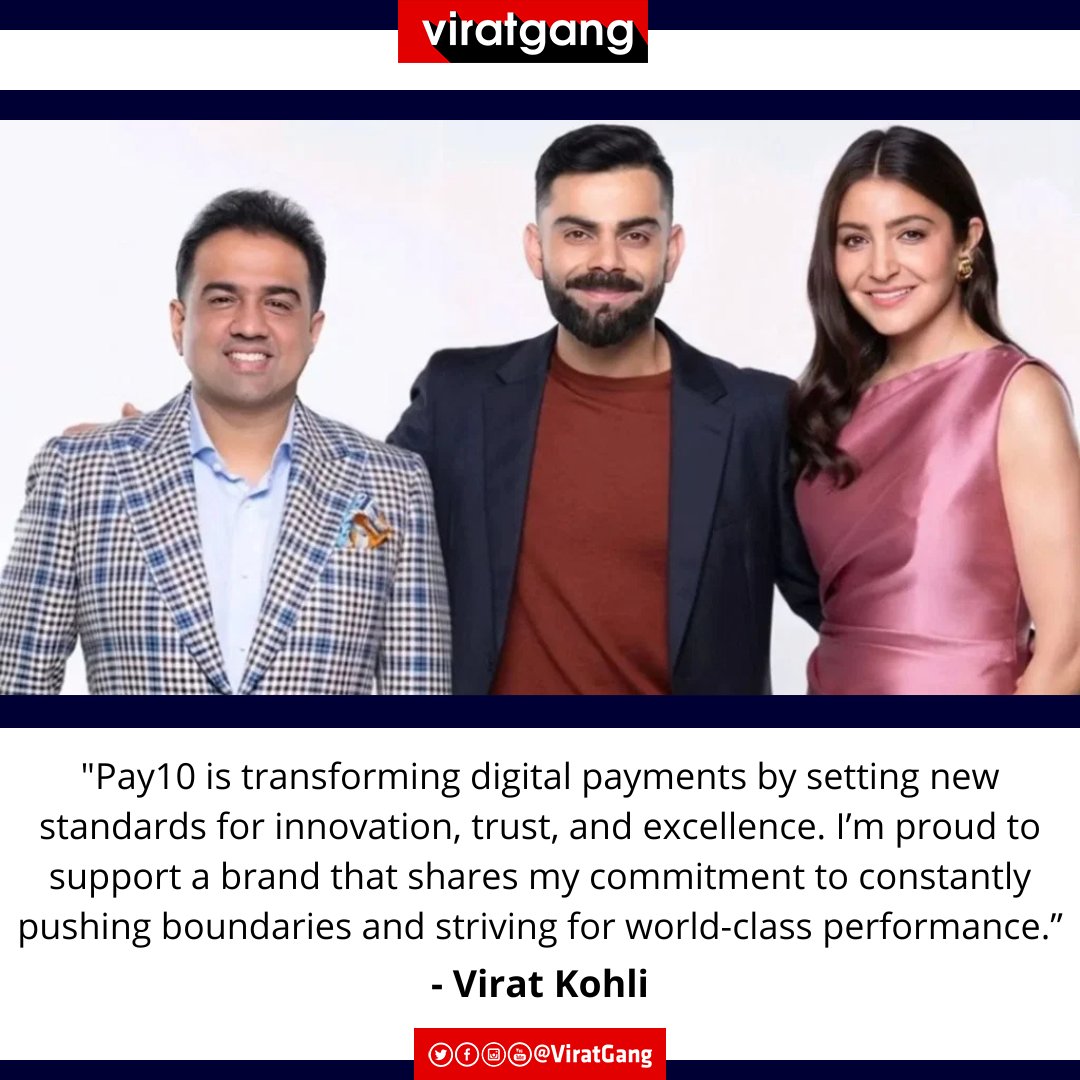 ViratGang's tweet image. .@imVkohli and @AnushkaSharma have been appointed as the global brand ambassadors of Pay10, a digital payment service provider. ✍️

As part of this collaboration, #Virushka will appear across a series of brand films, digital activations, and integrated campaigns. ☑️

#ViratGang