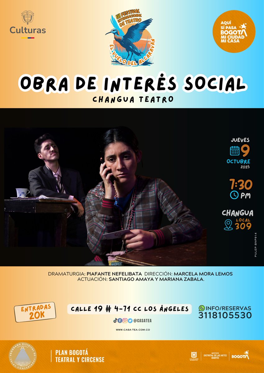 🦅Somos CASA TEA,la casa del TeatroEstudioAlcaraván y con mucha emoción los invitamos a nuestra Tercera VersiónDel Festival InternacionalDe Teatro“El Vuelo Del Alcaraván”en el 
🔴CENTRO COMERCIAL LOS ÁNGELES/CORREDOR CULTURAL🟢
🎉Acompáñanos del 3 al 12 de octubre🎉¡TE ESPERAMOS!