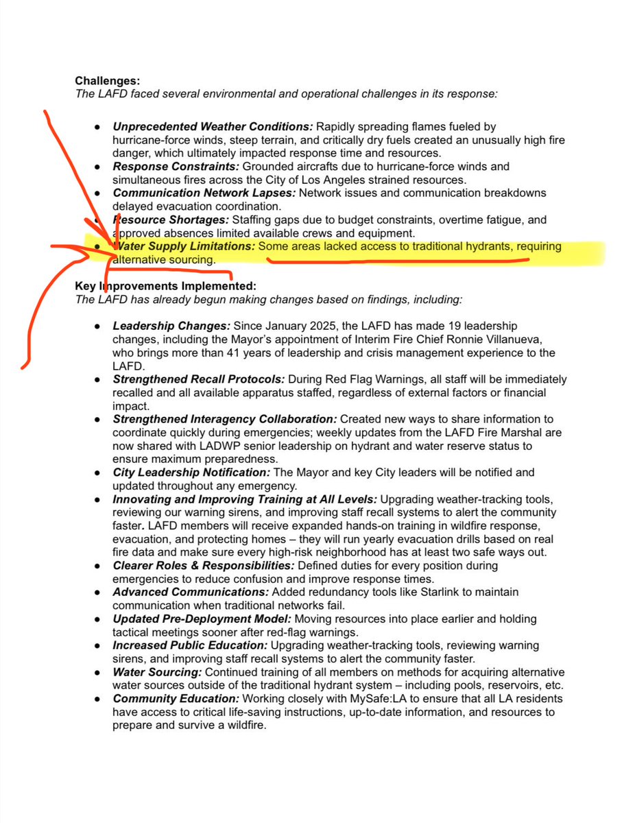 houmanhemmati's tweet image. 🔥🤬🔥 WTF?!? @MayorOfLA @KarenBassLA & @LAFD finally released their “After Action Report” for Palisades Fire & it’s more outlandish than expected.
“Water Supply Limitations: Some areas lacked access to traditional hydrants, requiring alternative sourcing.”
WHAT?! Hydrants…