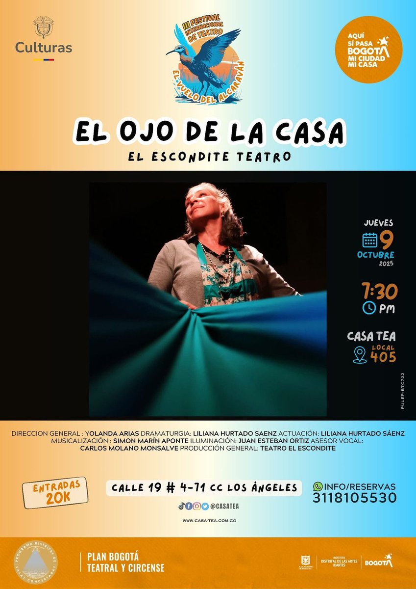 🦅Somos CASA TEA,la casa del TeatroEstudioAlcaraván y con mucha emoción los invitamos a nuestra Tercera VersiónDel Festival InternacionalDe Teatro“El Vuelo Del Alcaraván”en el 
🔴CENTRO COMERCIAL LOS ÁNGELES/CORREDOR CULTURAL🟢
🎉Acompáñanos del 3 al 12 de octubre🎉¡TE ESPERAMOS!
